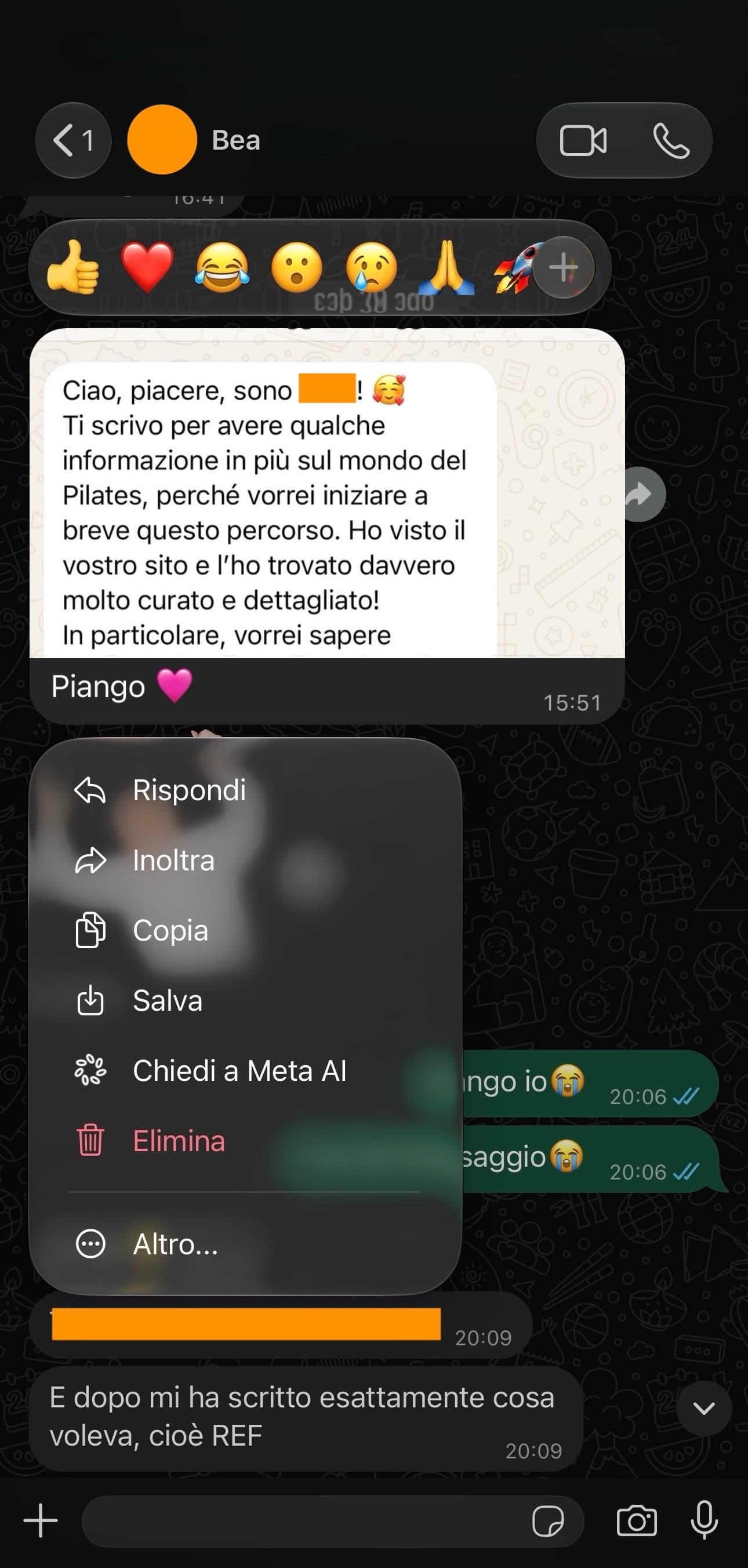 Chat WhatsApp con Beatrice. Mi inoltra il messaggio di una potenziale cliente: «Ho visto il vostro sito e l’ho trovato davvero molto curato e dettagliato!». Sotto, Beatrice scrive: «Piango».